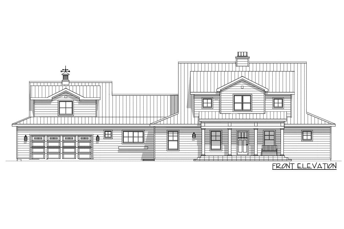 Front elevation house plan: two-story, gabled roof, prominent porch with columns, attached multi-car garage, and dormers.