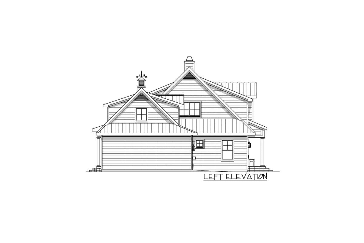 Left elevation of a house plan featuring gables, dormers, a chimney, and a two-car garage.