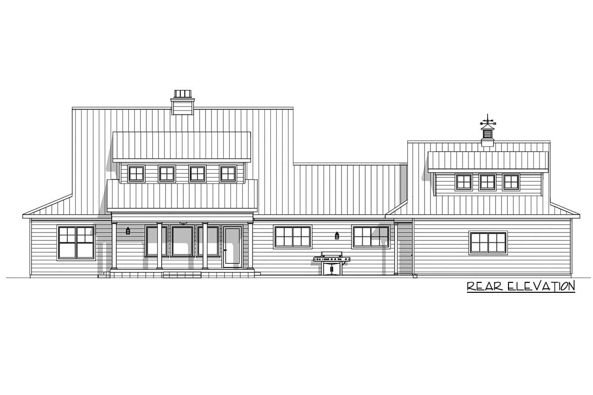 Rear elevation drawing of a house plan featuring a covered porch, multiple gables, dormers, and a metal roofline.