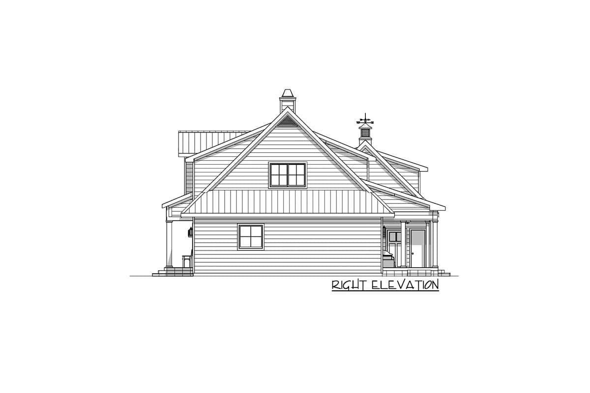Right elevation house plan. Two-story home with gabled roof, dormers, and covered front porch with columns.