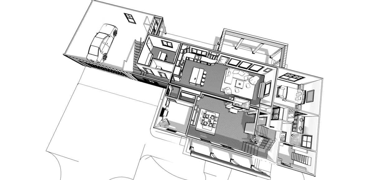 Floor plan drawing of a multi-level house with integrated garage, open-concept living, dining, and kitchen areas.