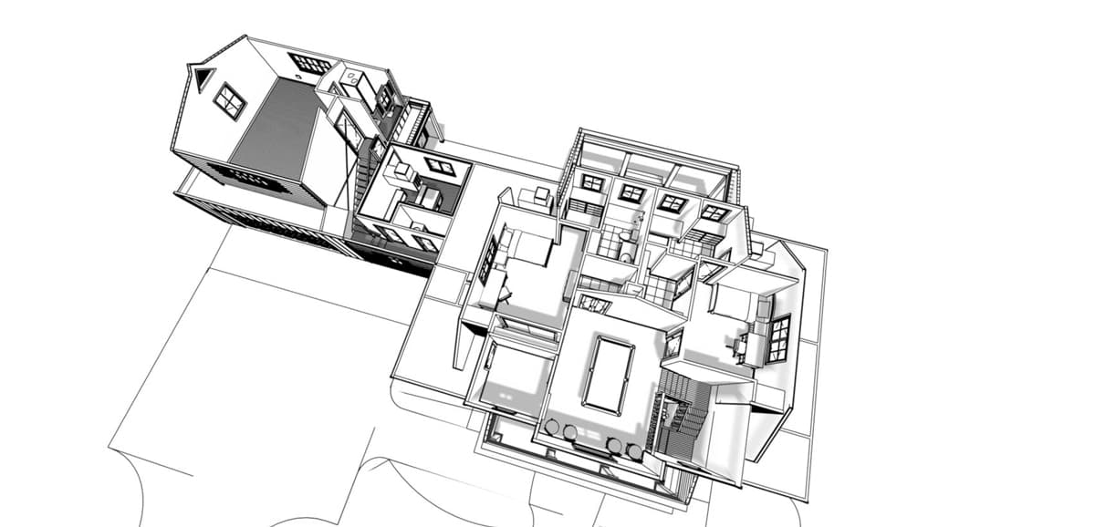 Architectural rendering of a multi-story house plan with an open layout, featuring a billiard room, living areas, and bedrooms.
