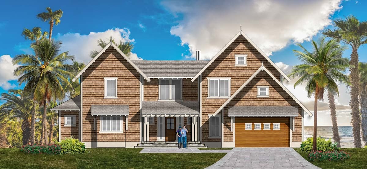 House plan exterior view, two-story with cedar shake siding. Features include front porch, multiple gables, and attached garage with a wood door.