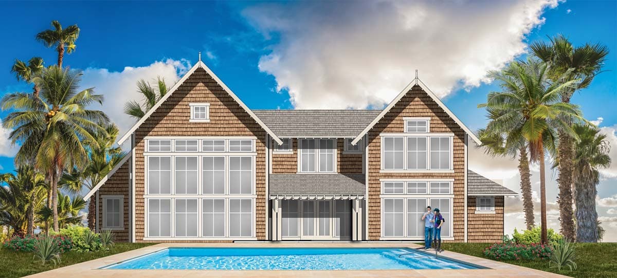 House plan exterior: Two-story Modern Farmhouse with shingle siding, prominent gables, and extensive window walls overlooking a pool.