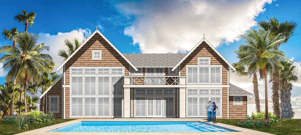 House plan exterior: two-story modern home with shingle siding, multiple gables, large windows, and balcony overlooking a pool.