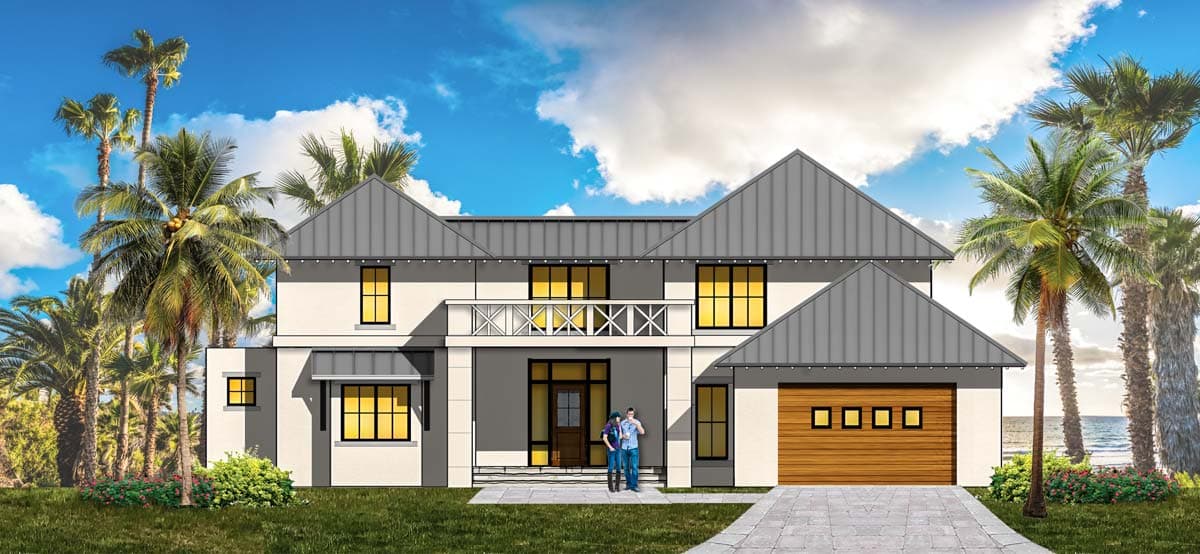House plan exterior. Two-story home with a gabled roof, a balcony, and a front-facing garage with wood panel door.
