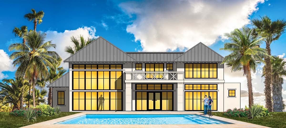 House plan exterior: two-story modern home with a metal gable roof, extensive glass windows, and a swimming pool.