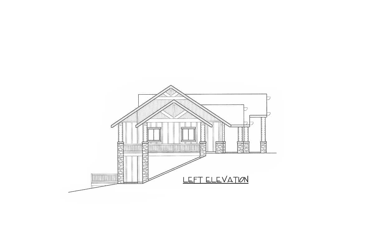 Left elevation house plan showing a two-story home with prominent gables, a covered porch with stone-clad pillars, and exposed timber framing.