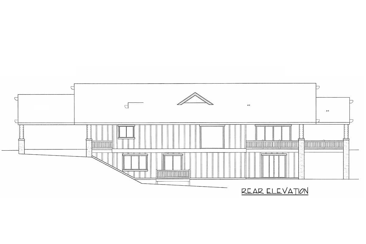 Rear elevation drawing of a multi-level house plan featuring decks, varied window styles, and a prominent gable dormer.