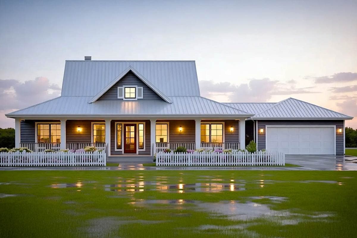 A two-story farmhouse with a white picket fence and a reflective, wet lawn after a rain shower. Warm lights illuminate the windows.