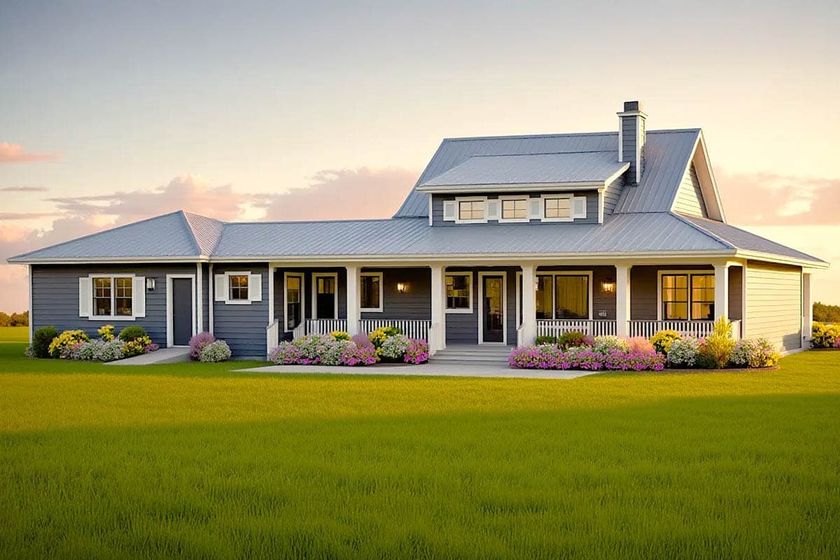 A large, two-story house with gray siding, white trim, and a metal roof sits on a large grassy lawn, framed by flower beds.