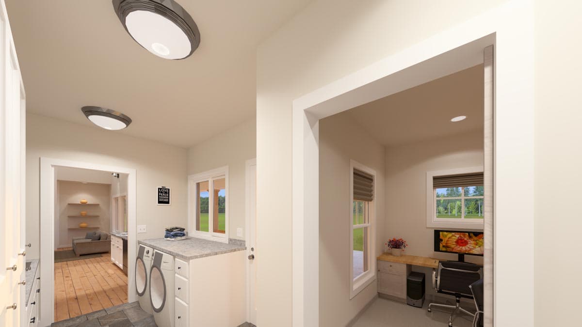 A modern laundry room connects to a home office. Laundry machines are visible, with a small office area with a computer and a desk.