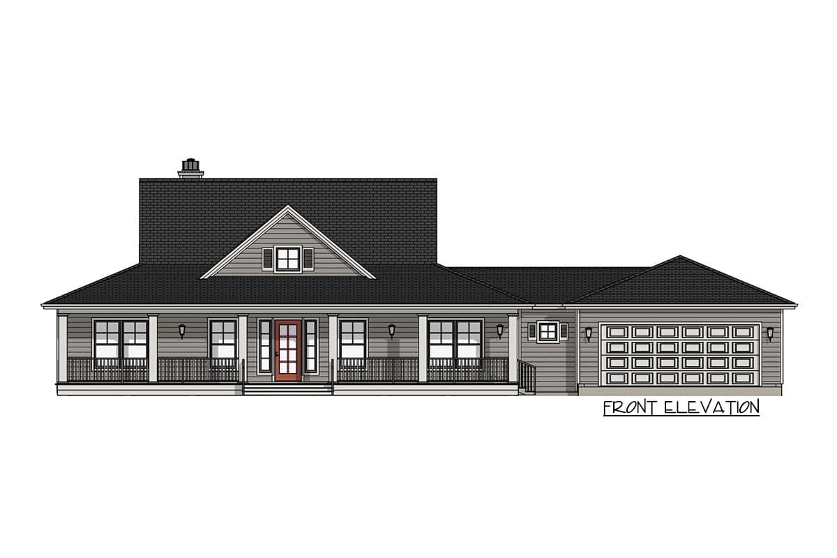 Front elevation of a gray house with a black roof, a red front door, and a garage on the right side. The house has a porch and several windows.