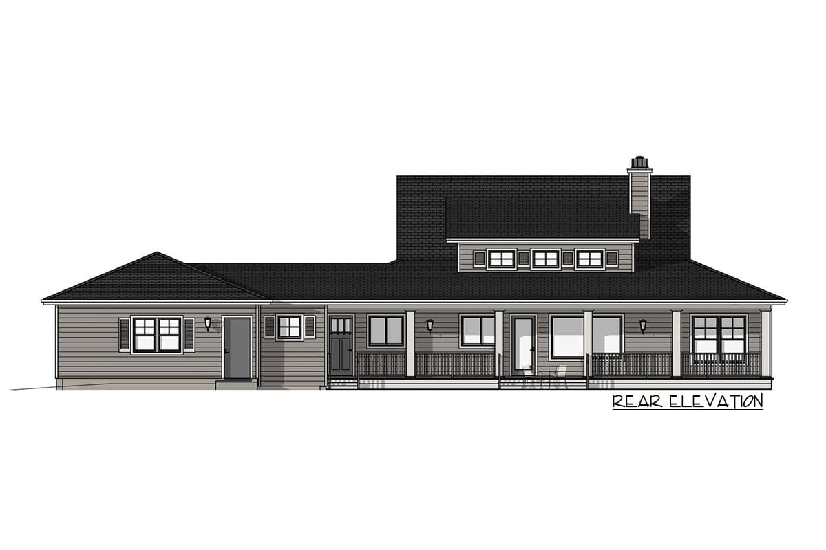 A rear elevation drawing of a house, showcasing a two-story design with a front porch, and gray siding. Text reads, "REAR ELEVATION."