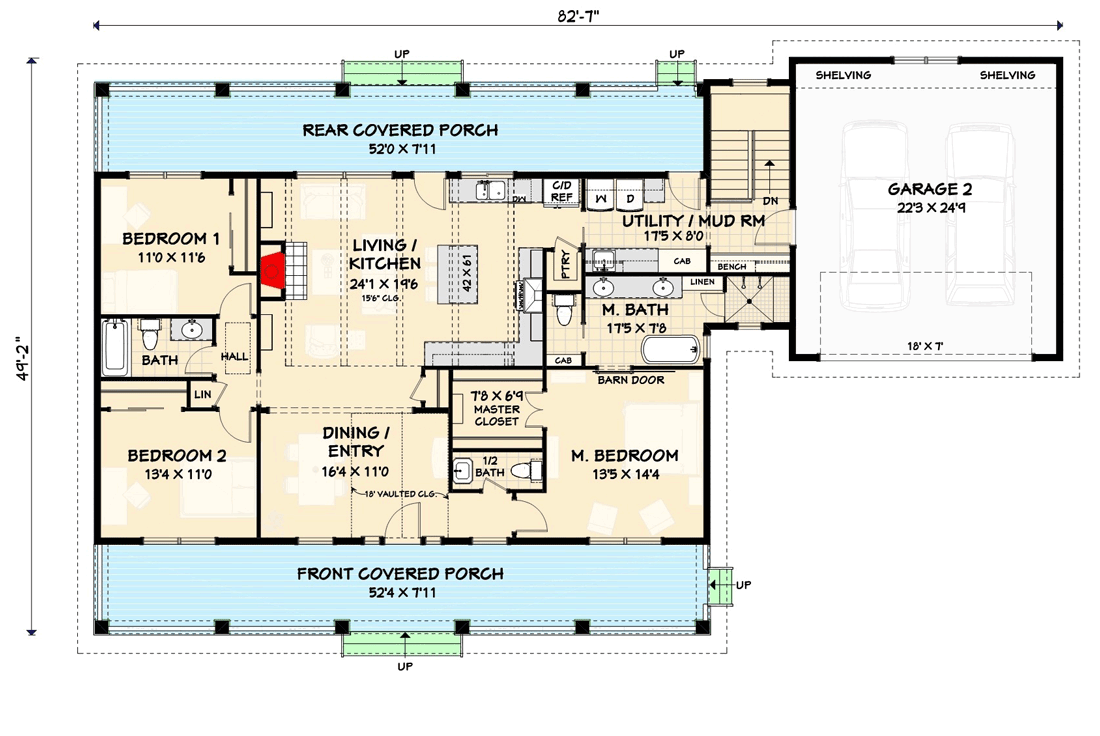 Plan 28917JJ: 3-Bed Modern House Plan with 52'-Wide Front and Back Porches  - Floor Plan - Main Level - Basement Option - Cottage, Country, Farmhouse, Modern Farmhouse, Traditional