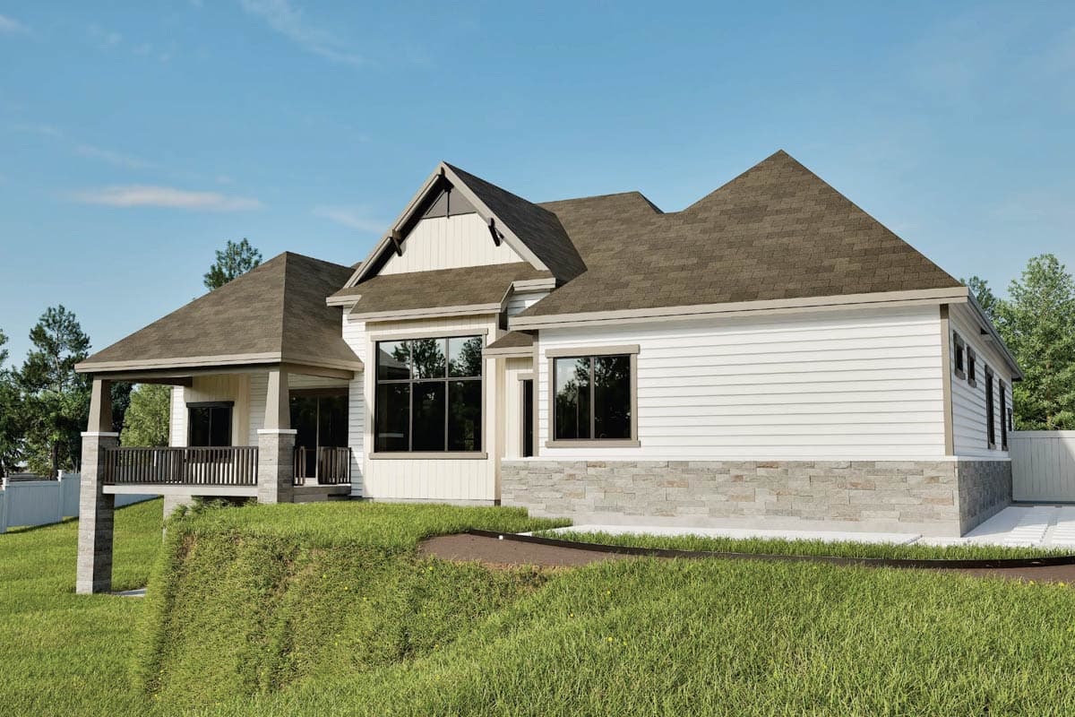 House plan exterior. Modern home with white siding, stone accents, covered porch, and multiple gables.