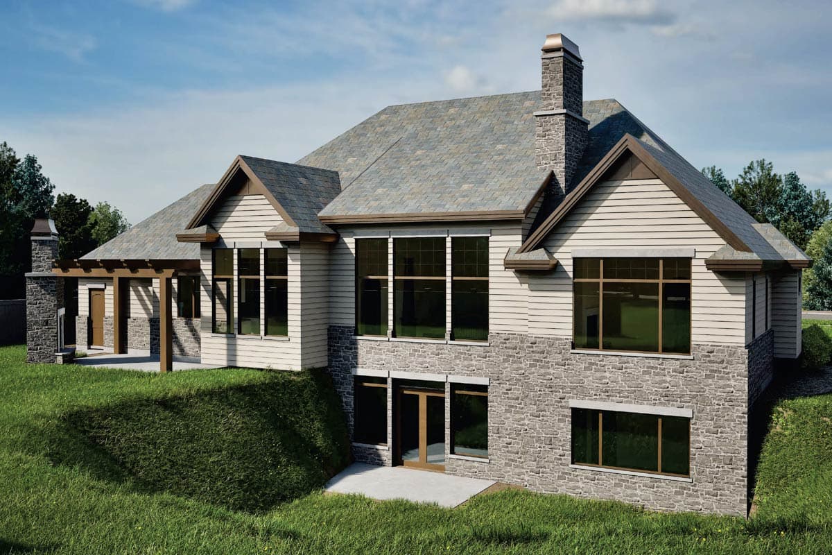 House plan exterior with stone and siding, multiple gables, large windows, and a covered pergola.