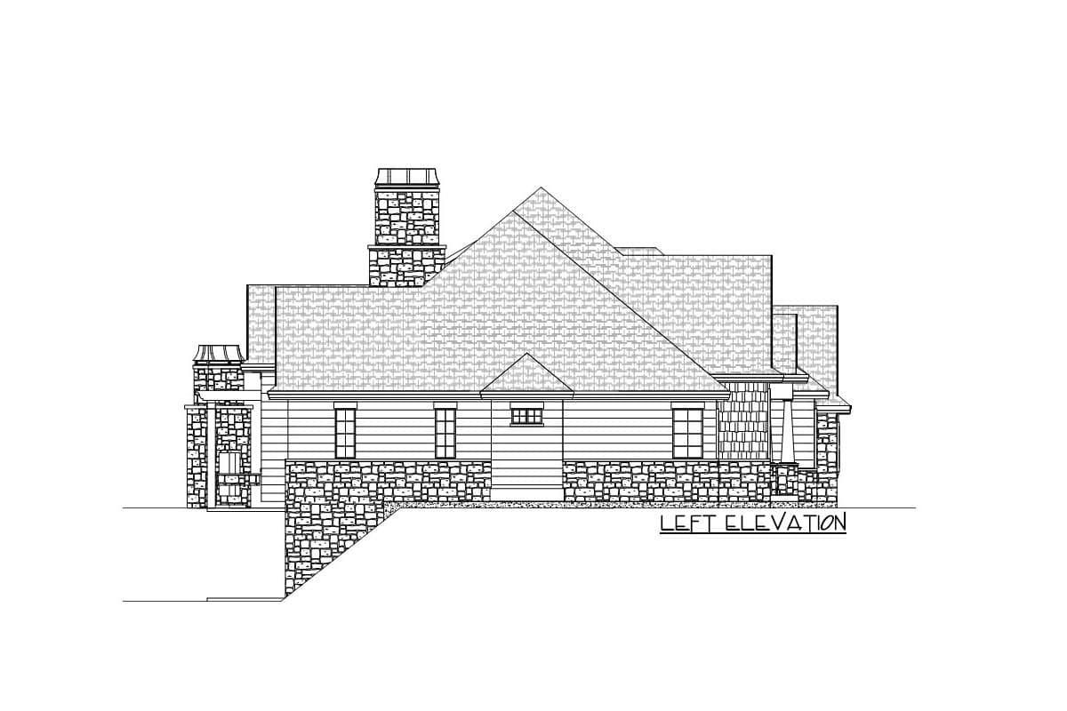 Left elevation drawing of a house plan featuring a stone foundation, horizontal siding, multiple gables, and a prominent stone chimney.
