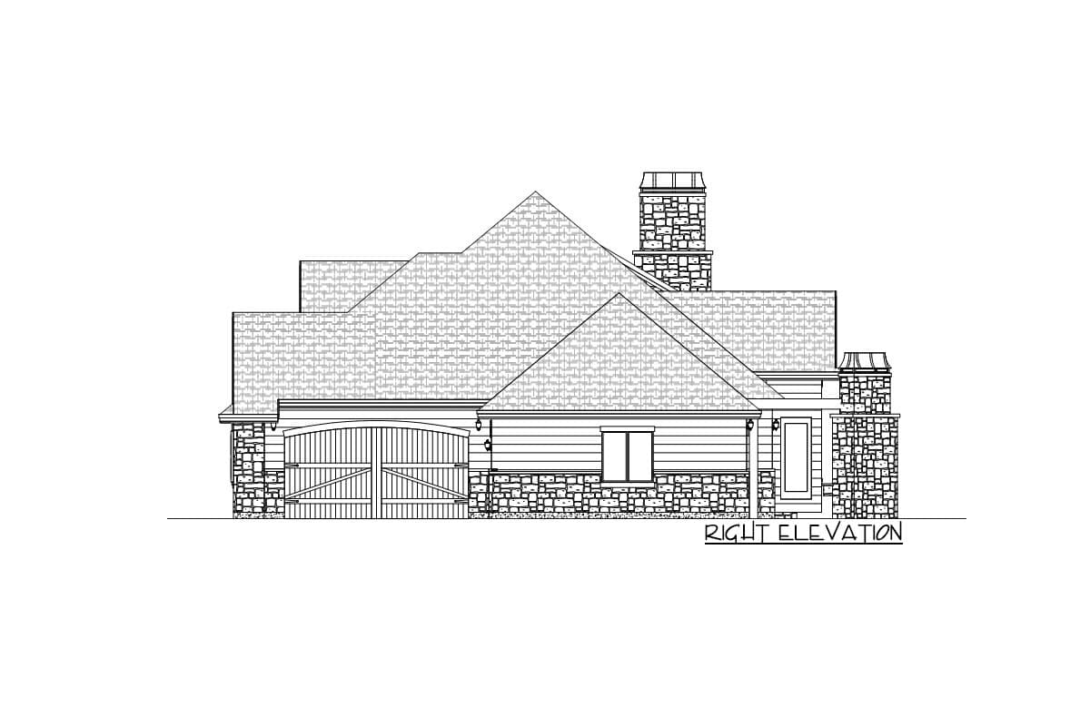 Right elevation house plan with stone accents, arched garage doors, and two prominent stone chimneys.