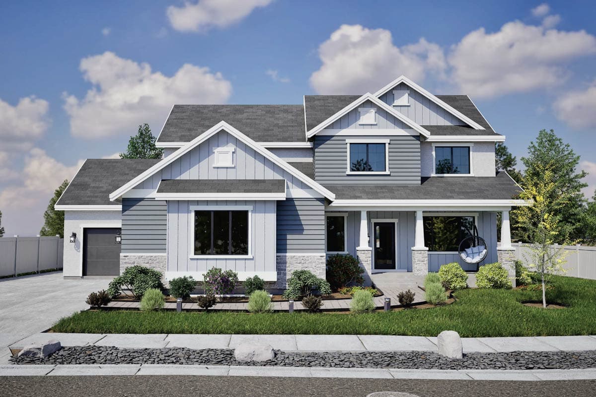 House plan exterior. Two-story, farmhouse-style home with gabled roof, covered porch, and garage. Features include board and batten siding.