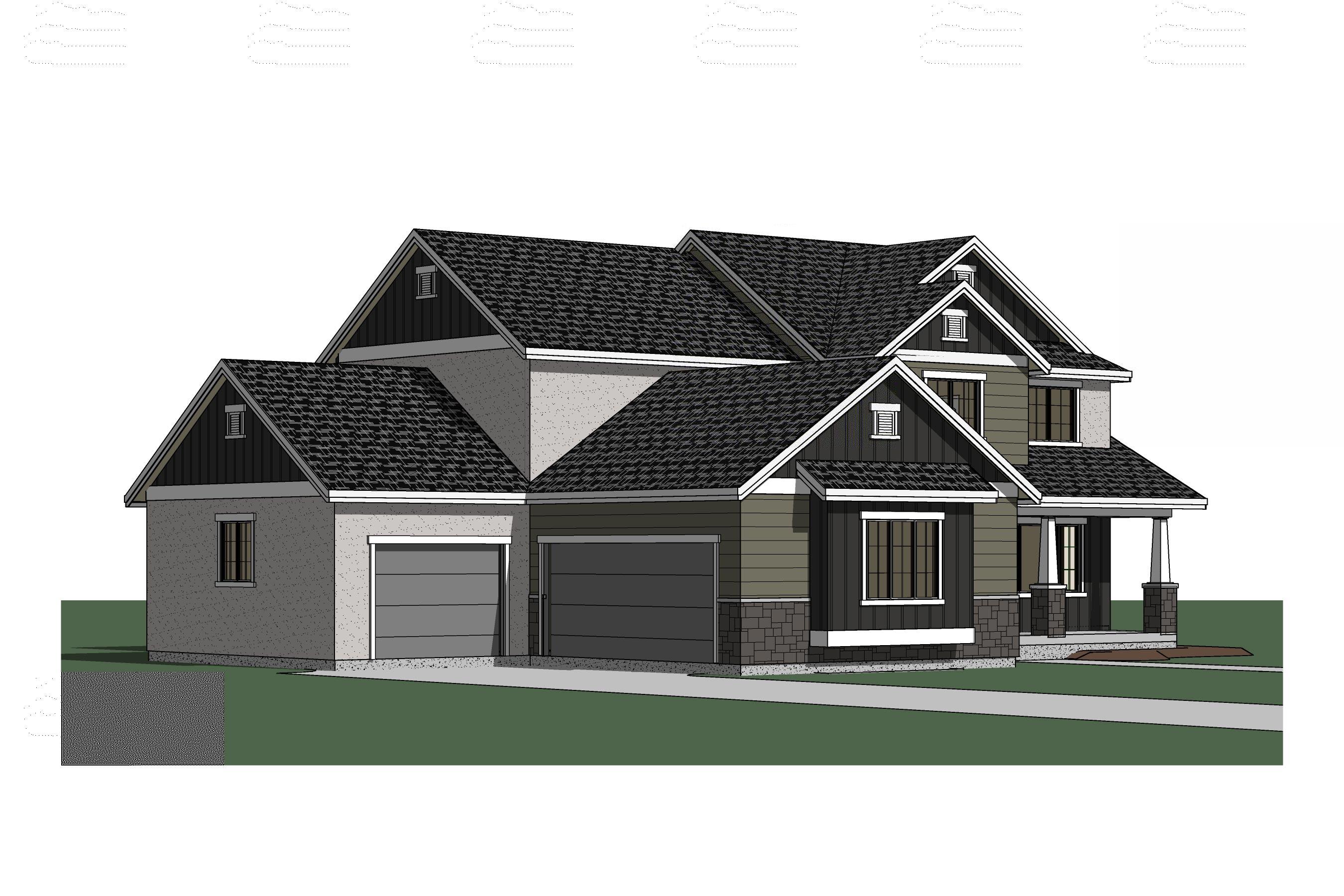 House plan exterior: Two-story Modern Farmhouse with gabled dormers, front-entry garage, and covered porch with stone accents.