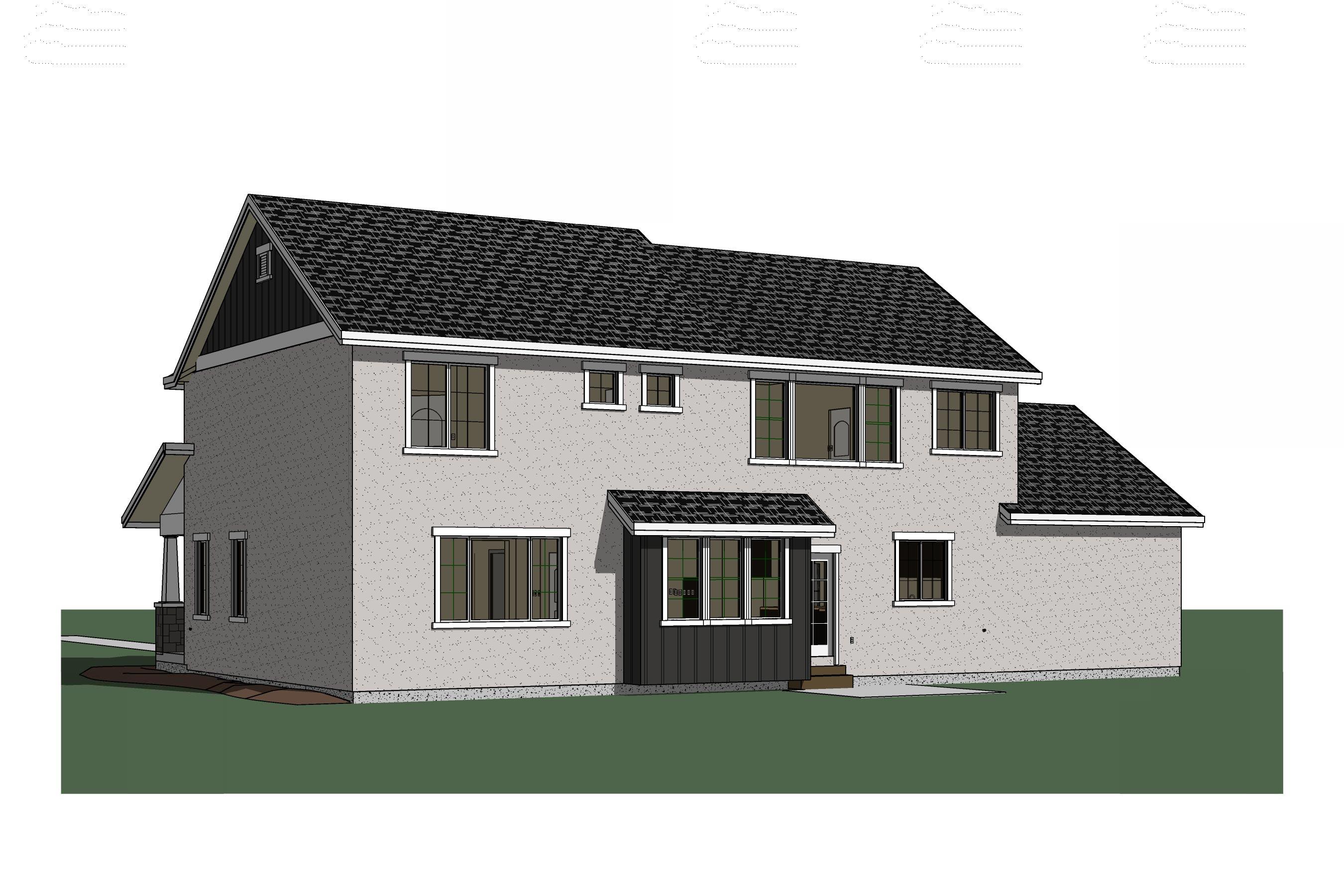 House plan exterior rendering of a two-story home with a gable roof, dormer, and covered entryway.