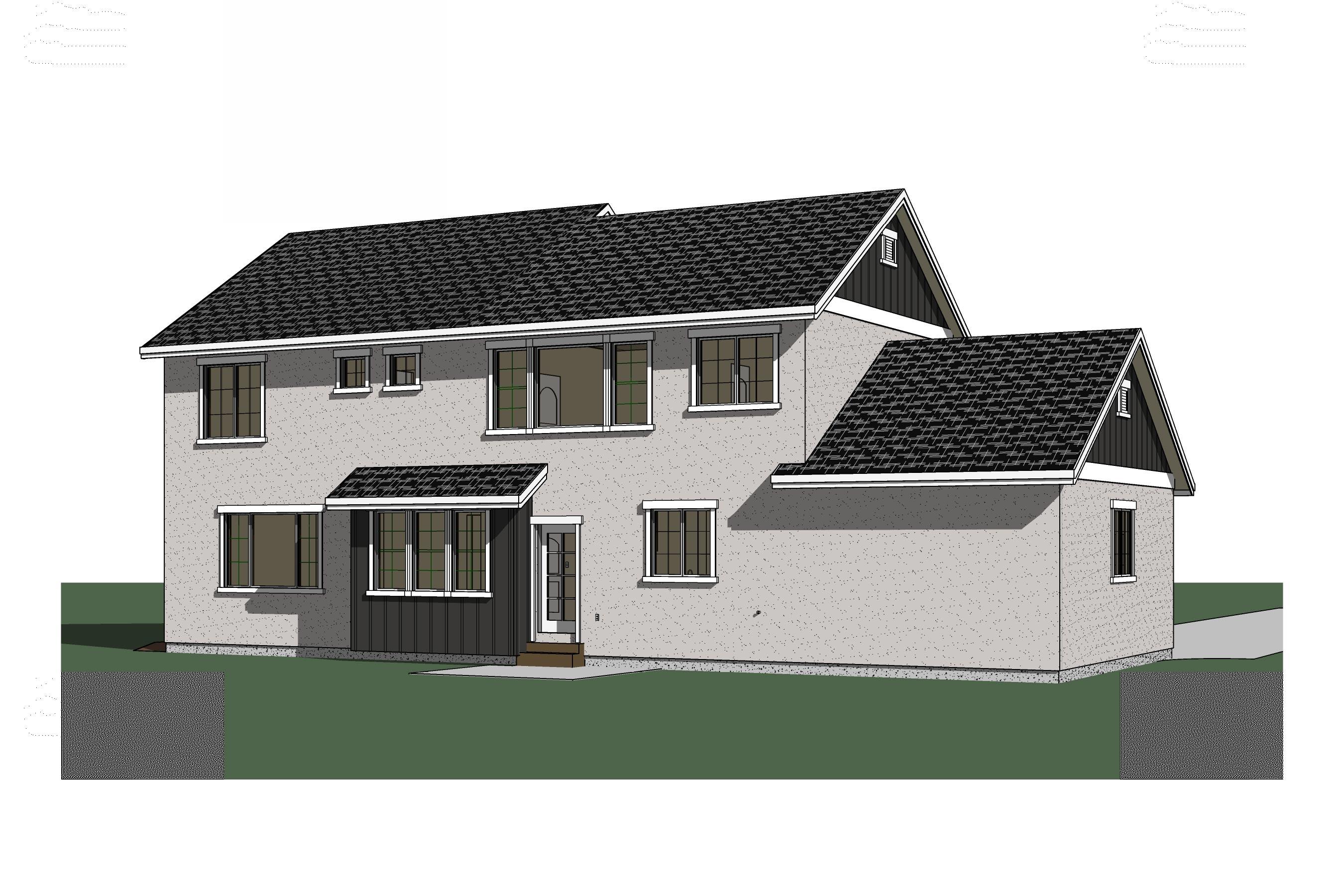 House plan exterior rendering: Two-story home with gable dormer, covered entry, and multiple window groupings.