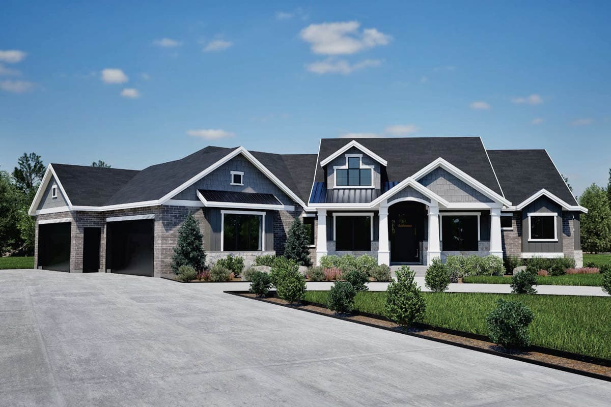 House plan exterior featuring a two-story design. Key features include a front porch, gables, and a garage. The roofline is steeply pitched.