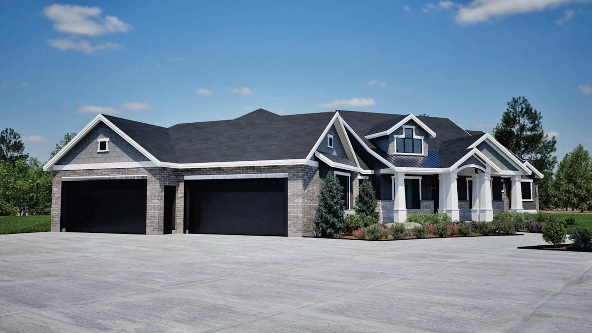 House plan exterior rendering with a three-car garage, gabled dormers, and a covered front porch with columns.