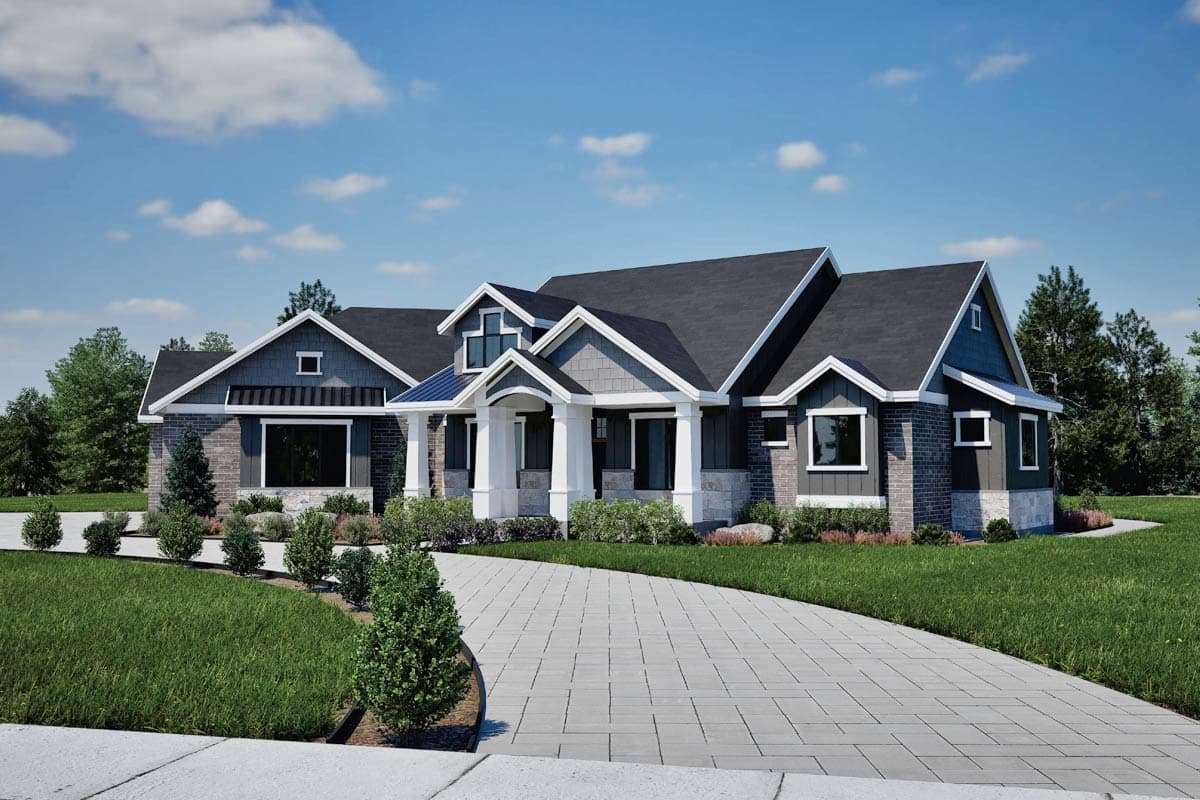House plan exterior: Modern farmhouse style, one story, with a covered front porch, multiple gables, and stone and siding accents.