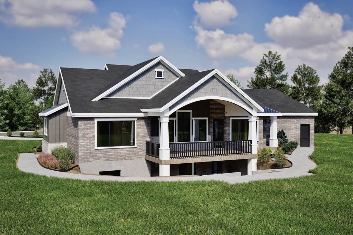 House plan exterior rendering of a two-story home with a covered porch, gables, and brick and siding finishes.