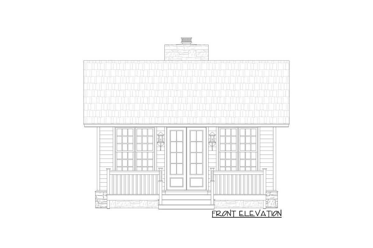 Front elevation house plan with a covered porch, double front doors, and three windows on each side.