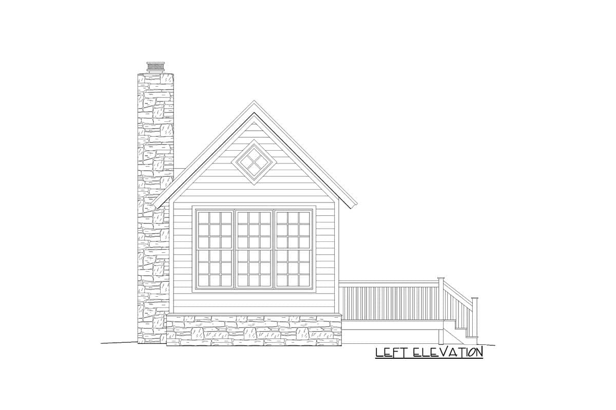 Left elevation house plan with stone chimney, gabled roof, diamond gable vent, and deck.