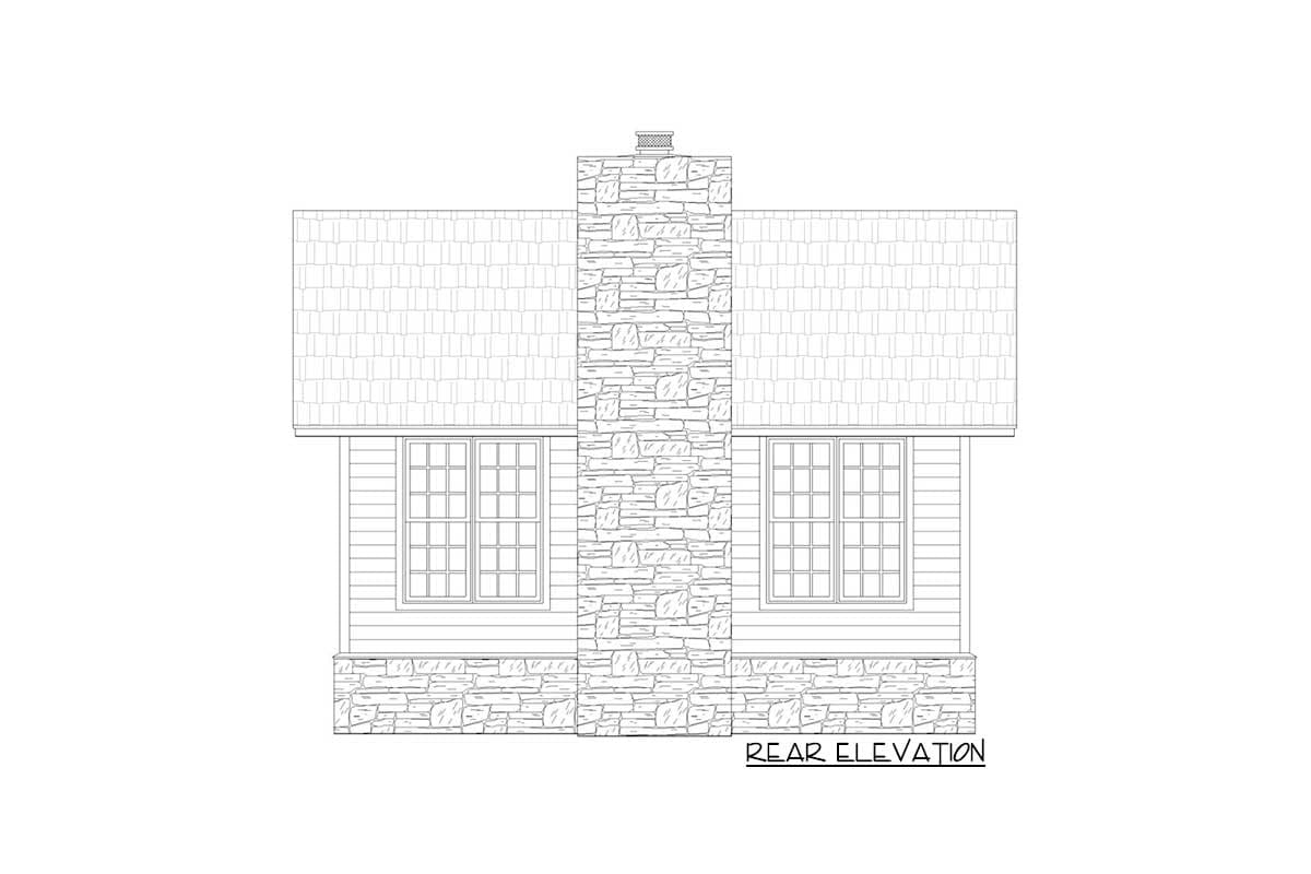 Rear elevation drawing of a house plan with a prominent stone chimney, shingled roof, double-hung windows, and stone foundation.
