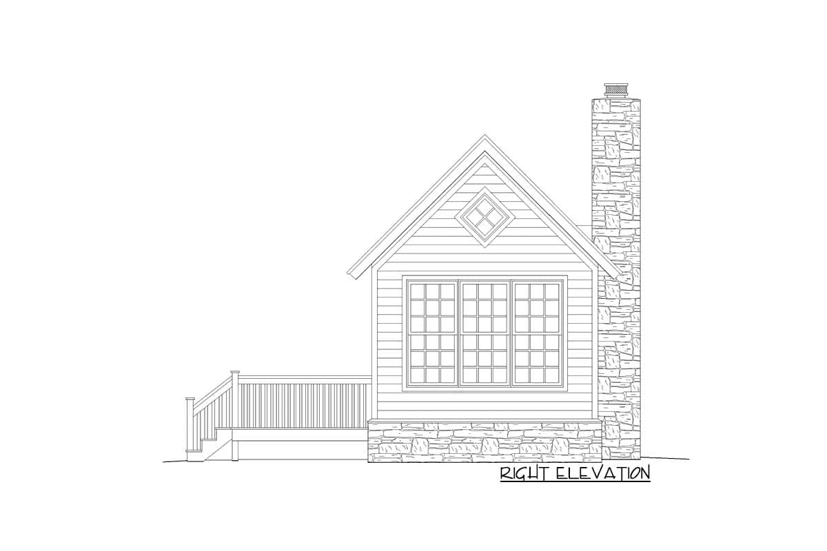 Right elevation house plan with a gable roof, multiple windows, stone foundation, and a large stone chimney.