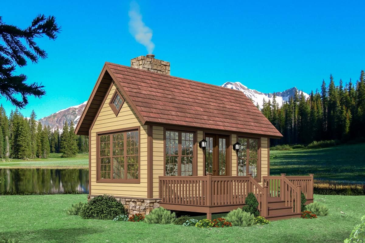 House plan exterior. Cottage style with gabled roof, stone chimney, and front porch. Features include double doors and small dormer window.