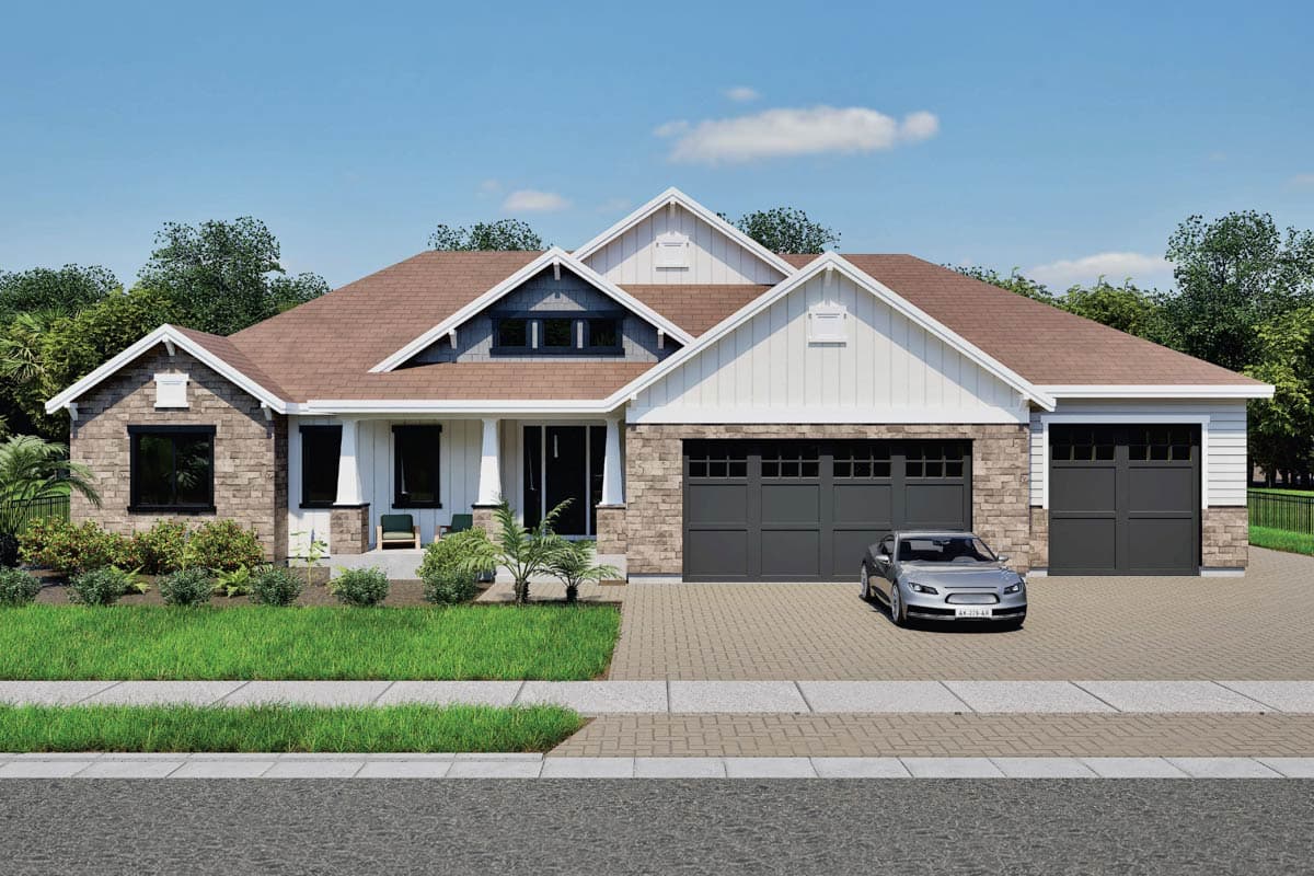 House plan exterior. Ranch style with multiple gables, stone veneer accents, covered porch, and a two-car garage.