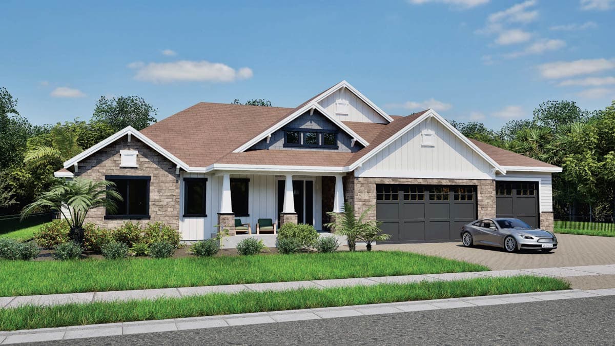 House plan exterior: Modern Farmhouse style, one story, with stone and shingle siding, covered entry porch, and a three-car garage.
