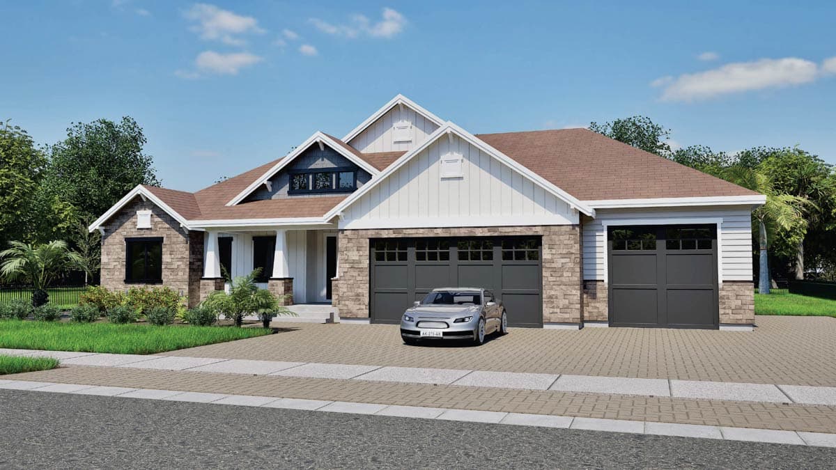 House plan exterior: Modern Farmhouse style, single story with layered gables, stone accents, and a three-car garage.