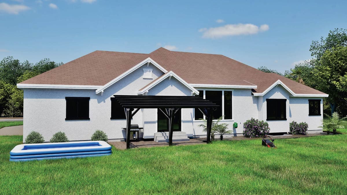 House plan exterior: A white stucco, single-story home with a brown shingle roof, gables, and a black pergola over a patio.