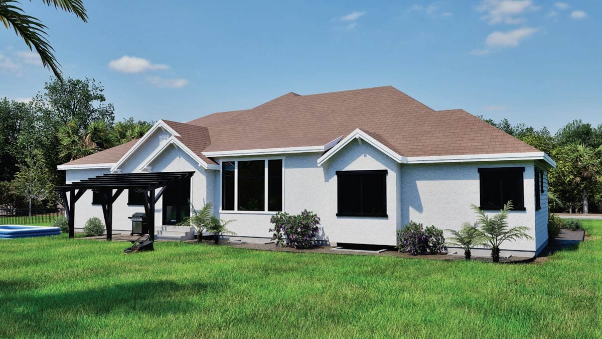 House plan exterior rendering: stucco finish, varied rooflines, large windows, and a pergola.