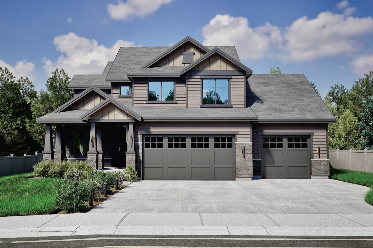 House plan exterior. Two-story home with Craftsman style elements. Features include a front porch, multiple gables, and a three-car garage.