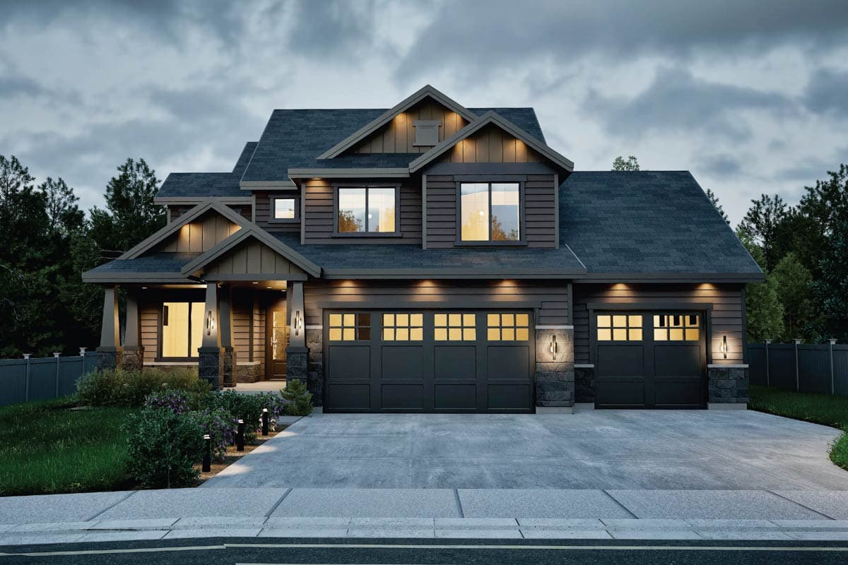 House plan exterior: Two-story home with a covered front porch, gabled dormers, and a three-car garage.