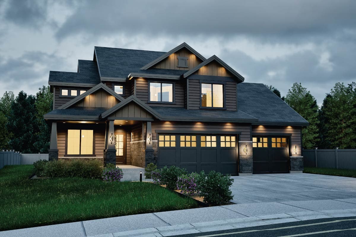 House plan exterior: two-story home with gabled dormers, covered entry porch, stone accents, and a three-car garage.