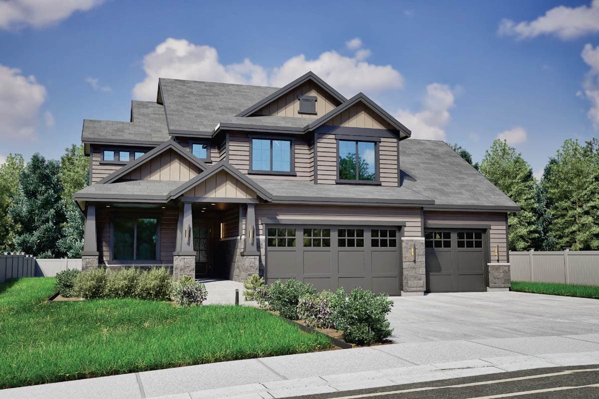 House plan exterior: Two-story home with stone pillars, gabled dormers, horizontal siding, and a three-car garage.
