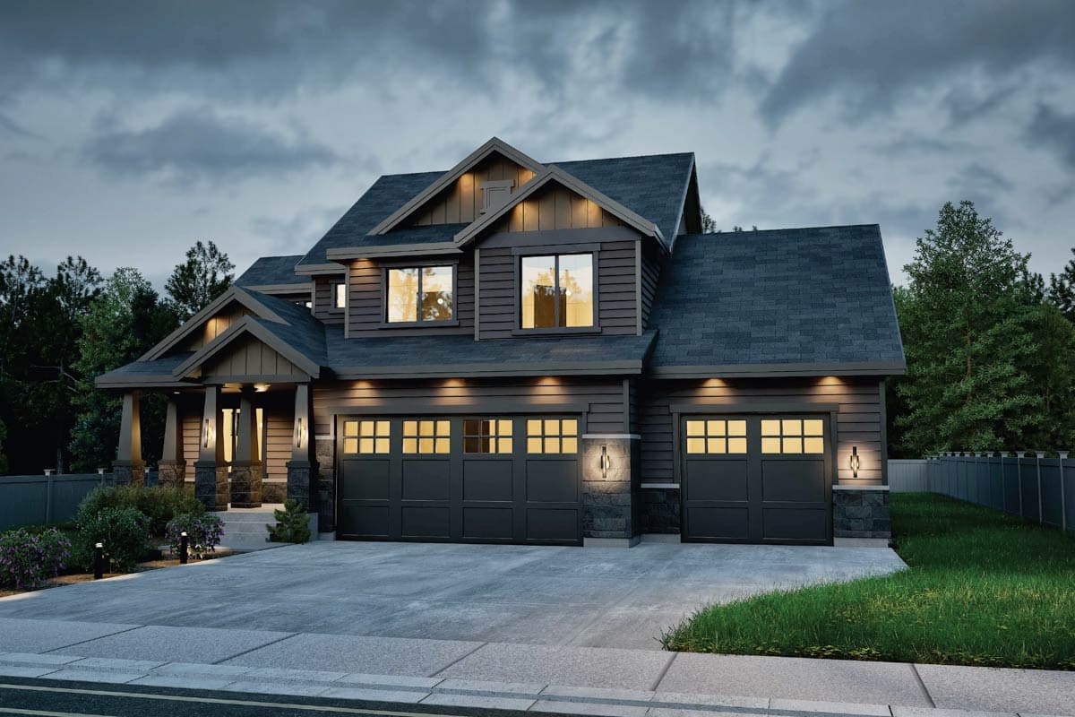 House plan exterior: two-story Modern Farmhouse with a covered porch, dual garage doors, and prominent gables.