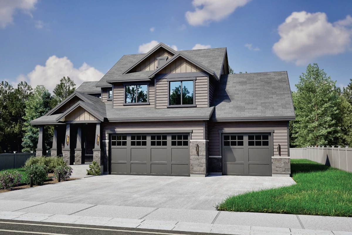 House plan exterior: Two-story dwelling with a covered front porch, dual garage doors, and diverse rooflines with gables and dormers.