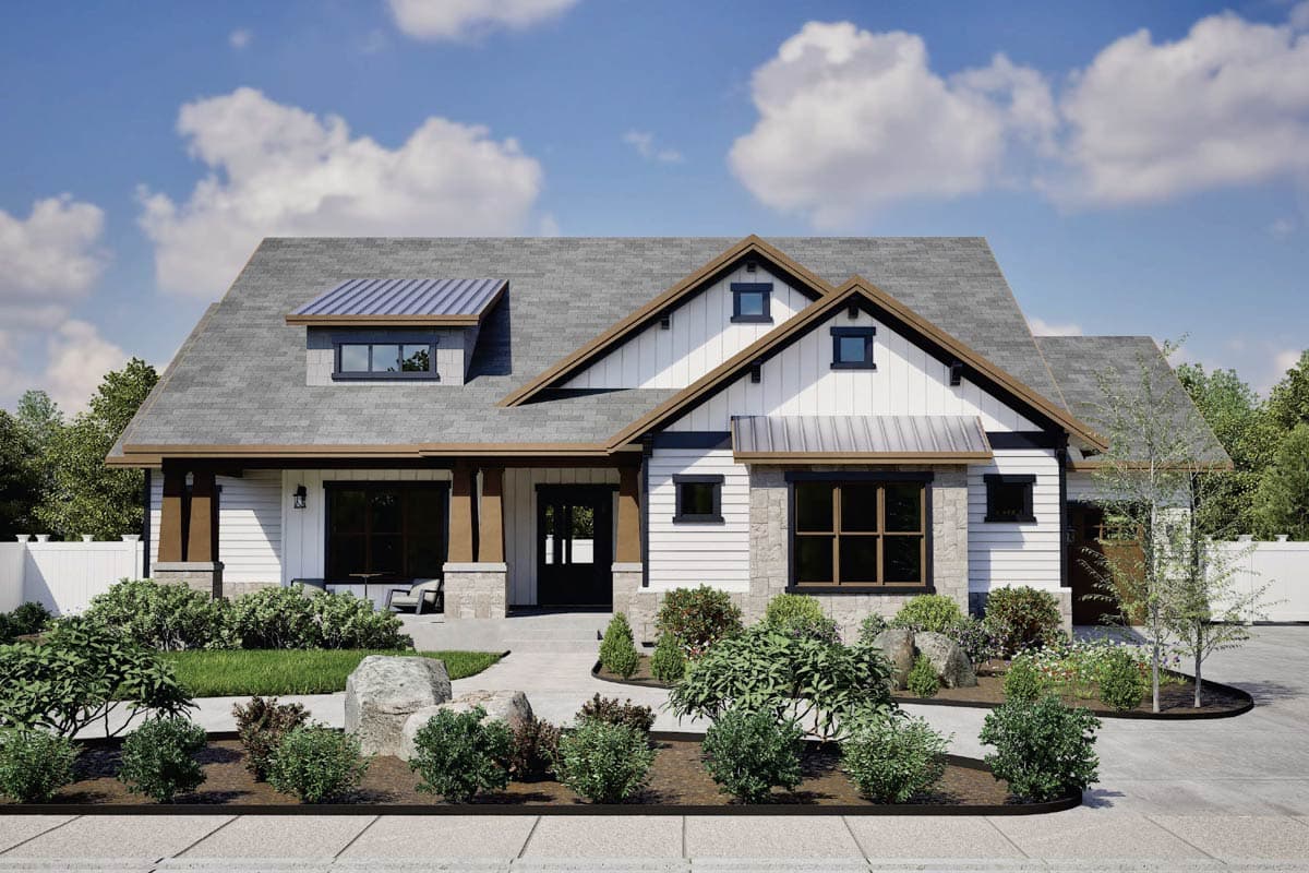 House plan exterior with Craftsman style. Features a covered porch with timber columns, gabled roof, and stone accents. One story.
