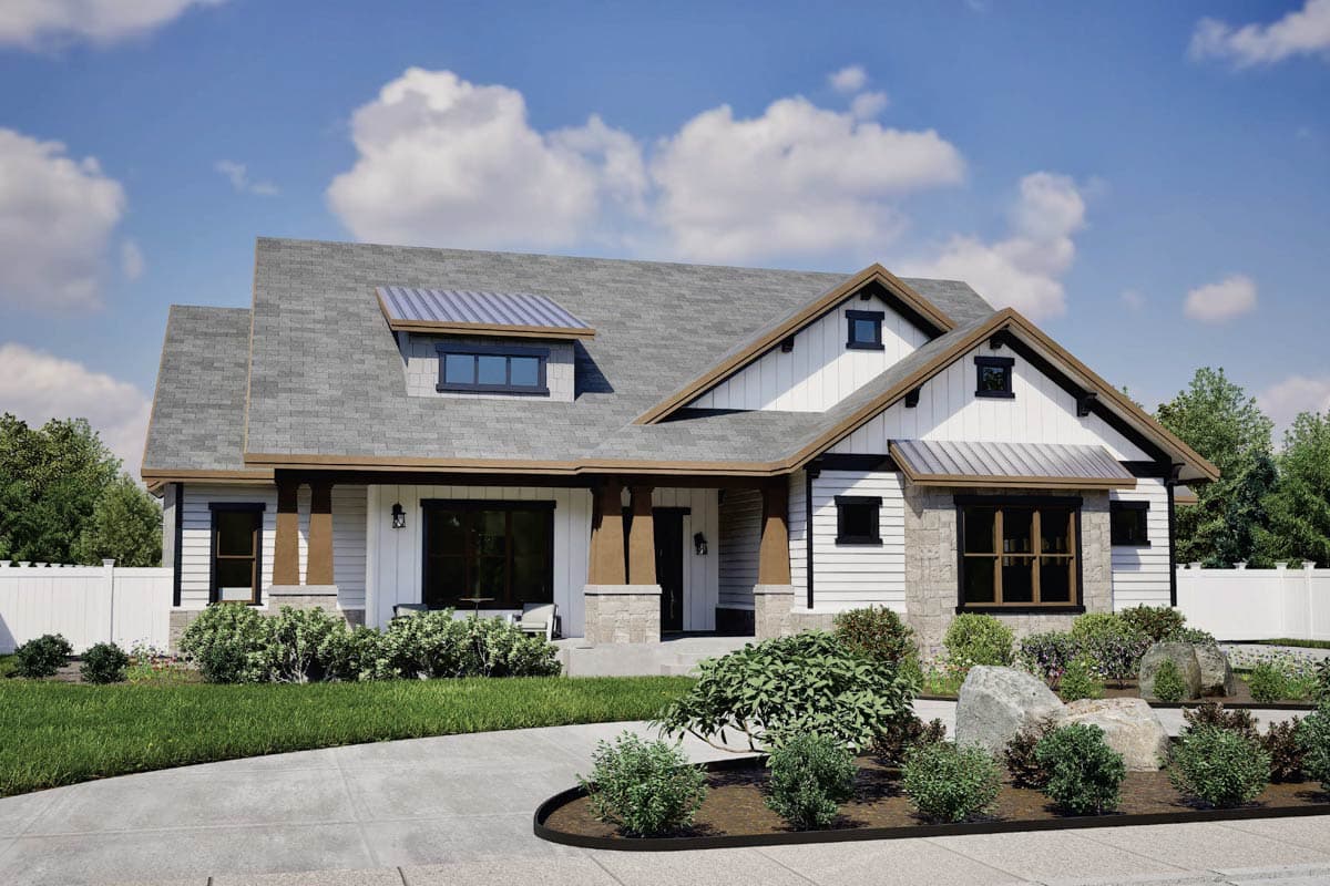 House plan exterior: Modern Farmhouse style, two stories, prominent gables, dormer with metal roof, and columned front porch.