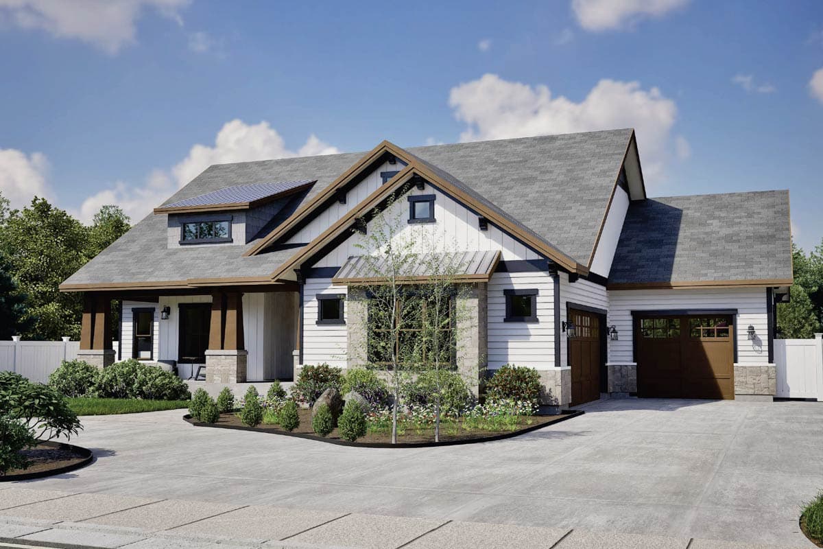 House plan exterior: Modern Farmhouse style, one story, with covered porch, prominent gables, dormer, and attached garage.
